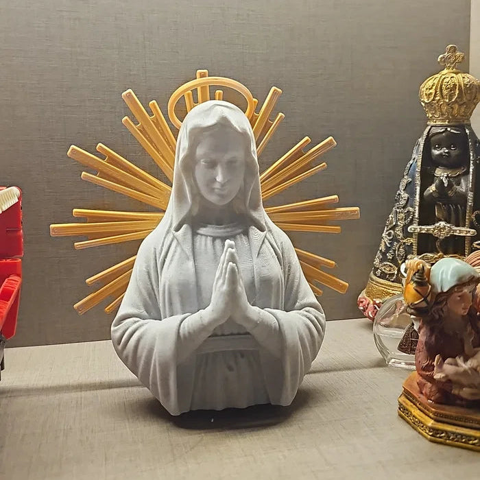 Madonna 20cm – Scultura Sacra Effetto Marmo Bianco e Aureola Dorata | Artigianato Toscana