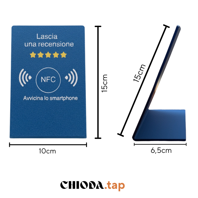 Chioda.TAP–Targhetta NFC Personalizzabile per Recensioni Google, wifi e Link Aziendali | Stand da Banco Professionale 15×10×6,5cm | Compatibile iOS/Android