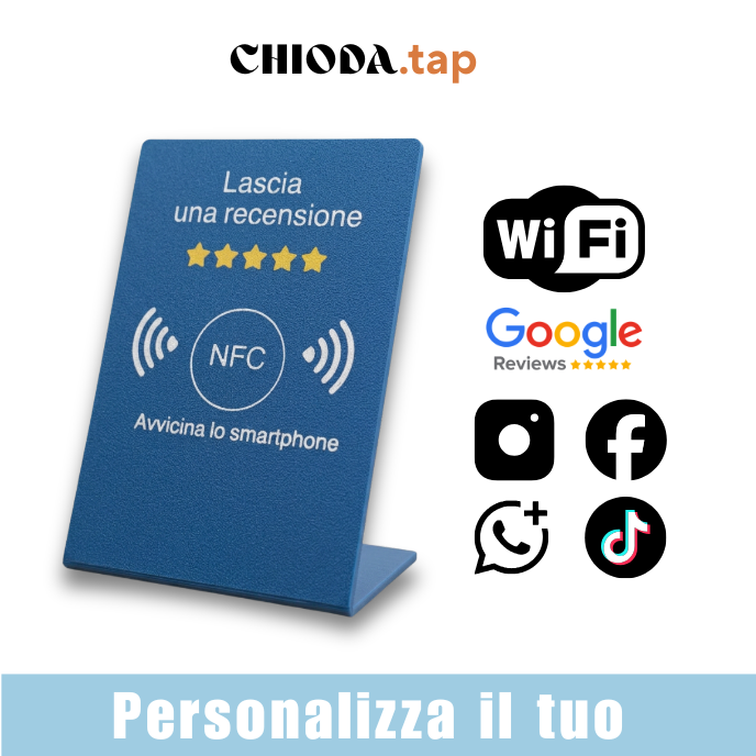 Chioda.TAP–Targhetta NFC Personalizzabile per Recensioni Google, wifi e Link Aziendali | Stand da Banco Professionale 15×10×6,5cm | Compatibile iOS/Android