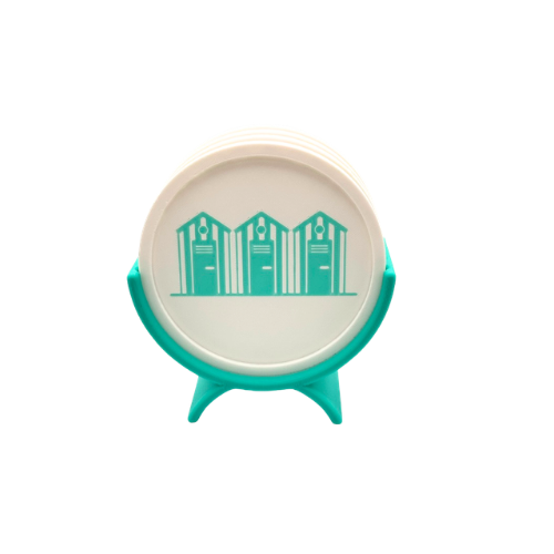 Set 4pz Sottobicchieri Ø10cm Cabine al Mare + supporto elegante a tema pesciolini by Chioda – Made in Italy (Cópia)