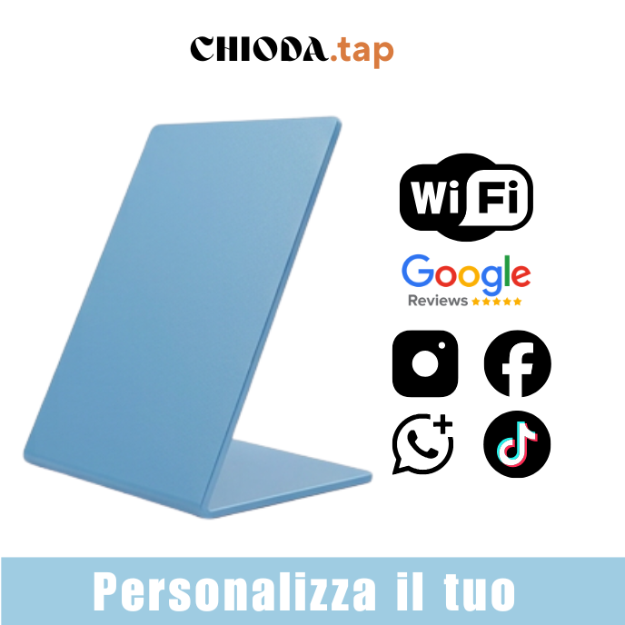 Chioda.TAP–Targhetta NFC Personalizzabile per Recensioni Google, wifi e Link Aziendali | Stand da Banco Professionale 15×10×6,5cm | Compatibile iOS/Android