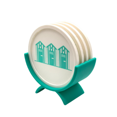 Set 4pz Sottobicchieri Ø10cm Cabine al Mare + supporto elegante a tema pesciolini by Chioda – Made in Italy (Cópia)