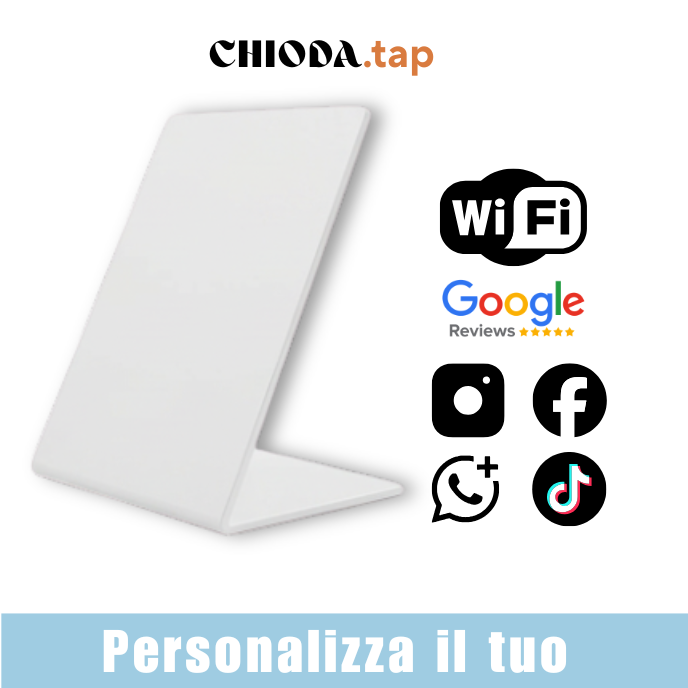 Chioda.TAP–Targhetta NFC Personalizzabile per Recensioni Google, wifi e Link Aziendali | Stand da Banco Professionale 15×10×6,5cm | Compatibile iOS/Android