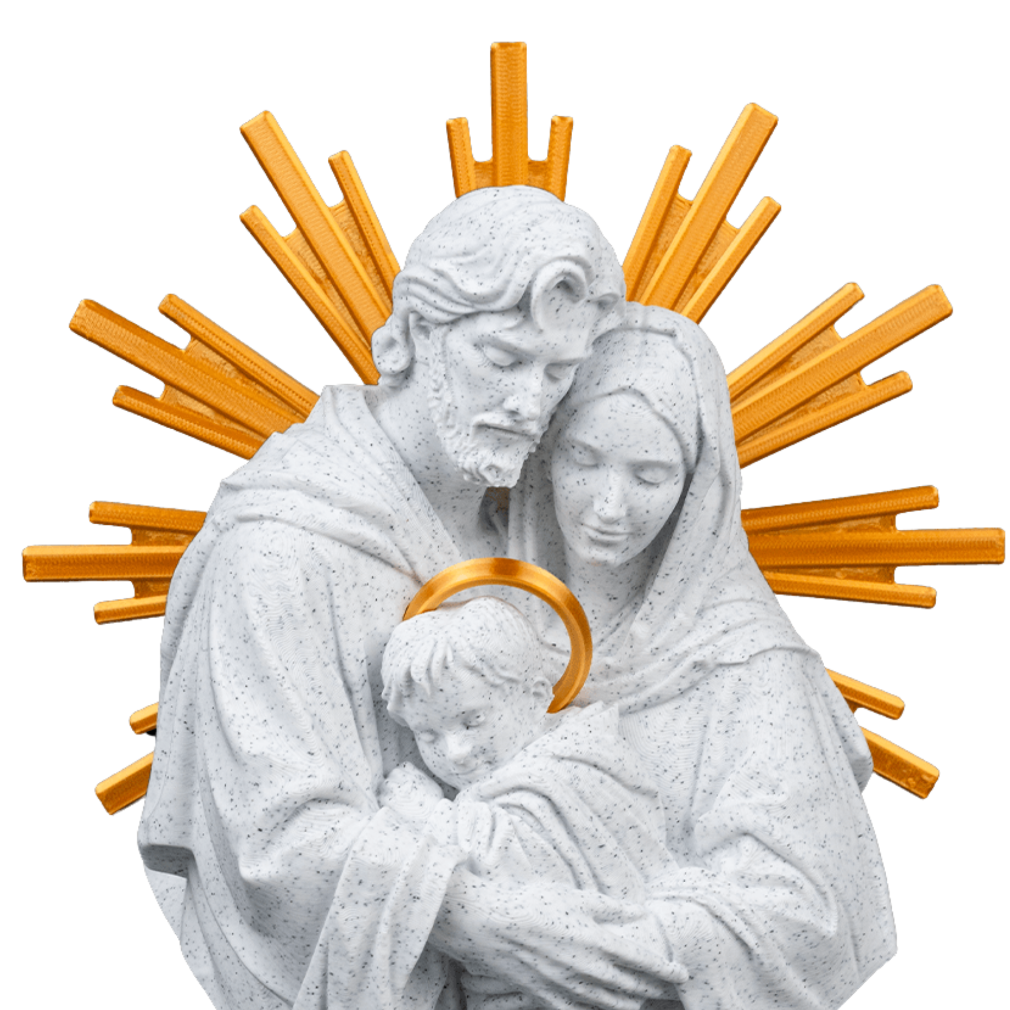 Statua Sacra Famiglia 16 o 20cm – Scultura Effetto Marmo con Raggi Oro Lucido | Arte Sacra Moderna Artigianale Toscana