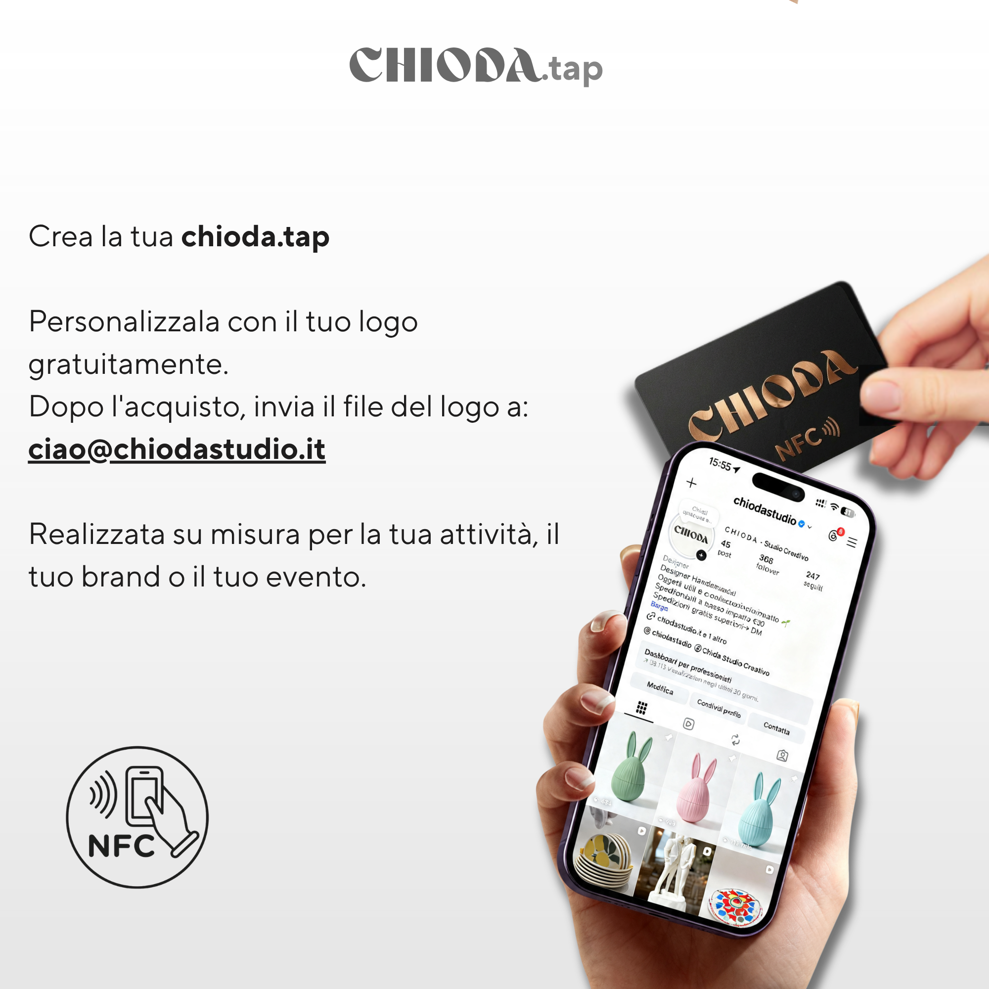 CHIODA.TAP:  Set 6/12 Tessere da Visita NFC Personalizzato con Logo, Tessera Contactless Programmabile, Social & vCard, Design Moderno 100% Made in Italy