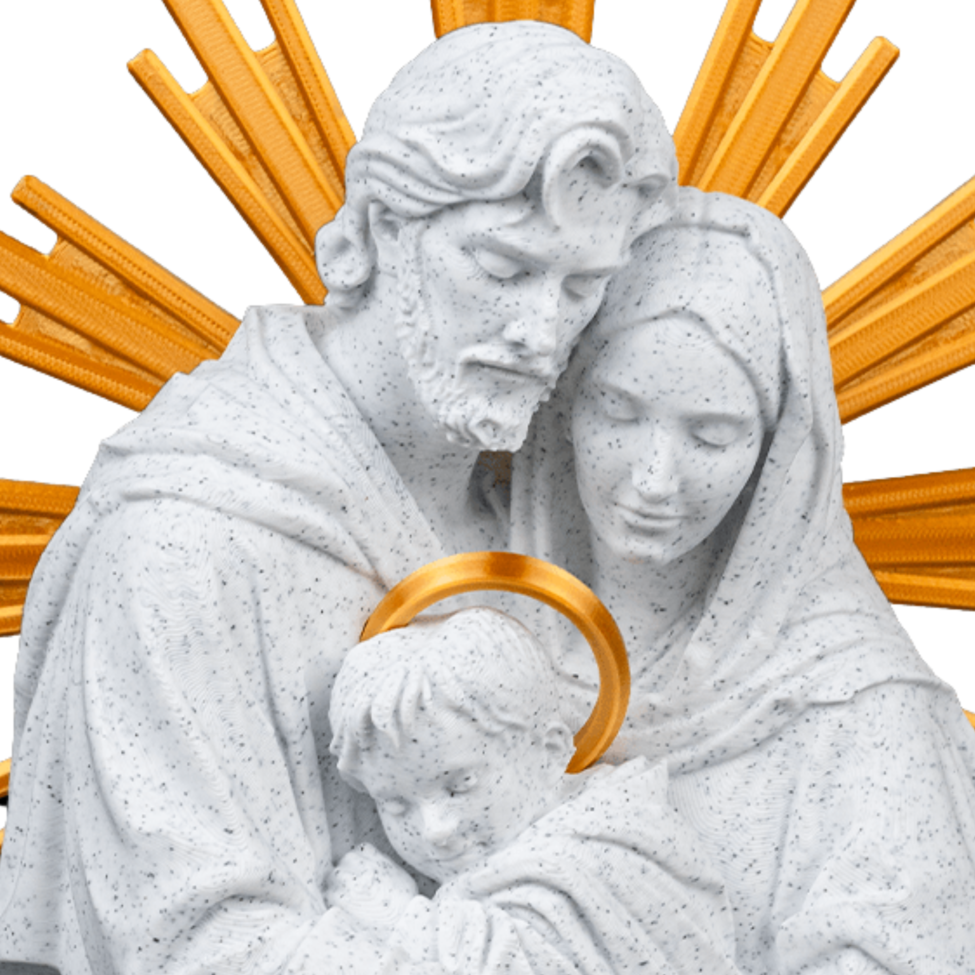 Statua Sacra Famiglia 16 o 20cm – Scultura Effetto Marmo con Raggi Oro Lucido | Arte Sacra Moderna Artigianale Toscana