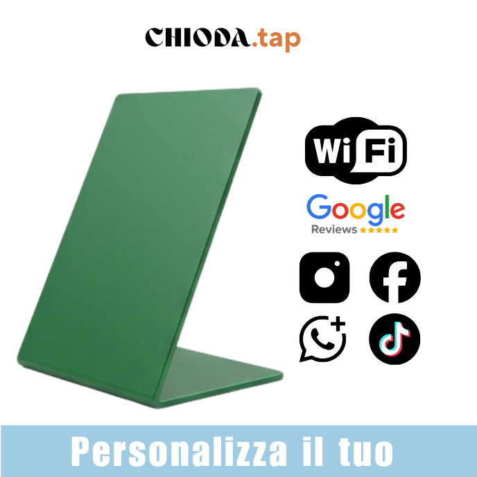 Chioda.TAP–Targhetta NFC Personalizzabile per Recensioni Google, wifi e Link Aziendali | Stand da Banco Professionale 15×10×6,5cm | Compatibile iOS/Android