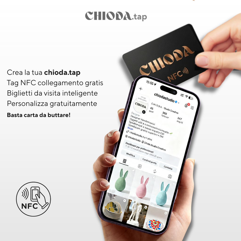 CHIODA.TAP: Set 3 Tessere da Visita NFC Personalizzato con Logo, Tessera Contactless Programmabile, Social & vCard, Design Moderno 100% Made in Italy