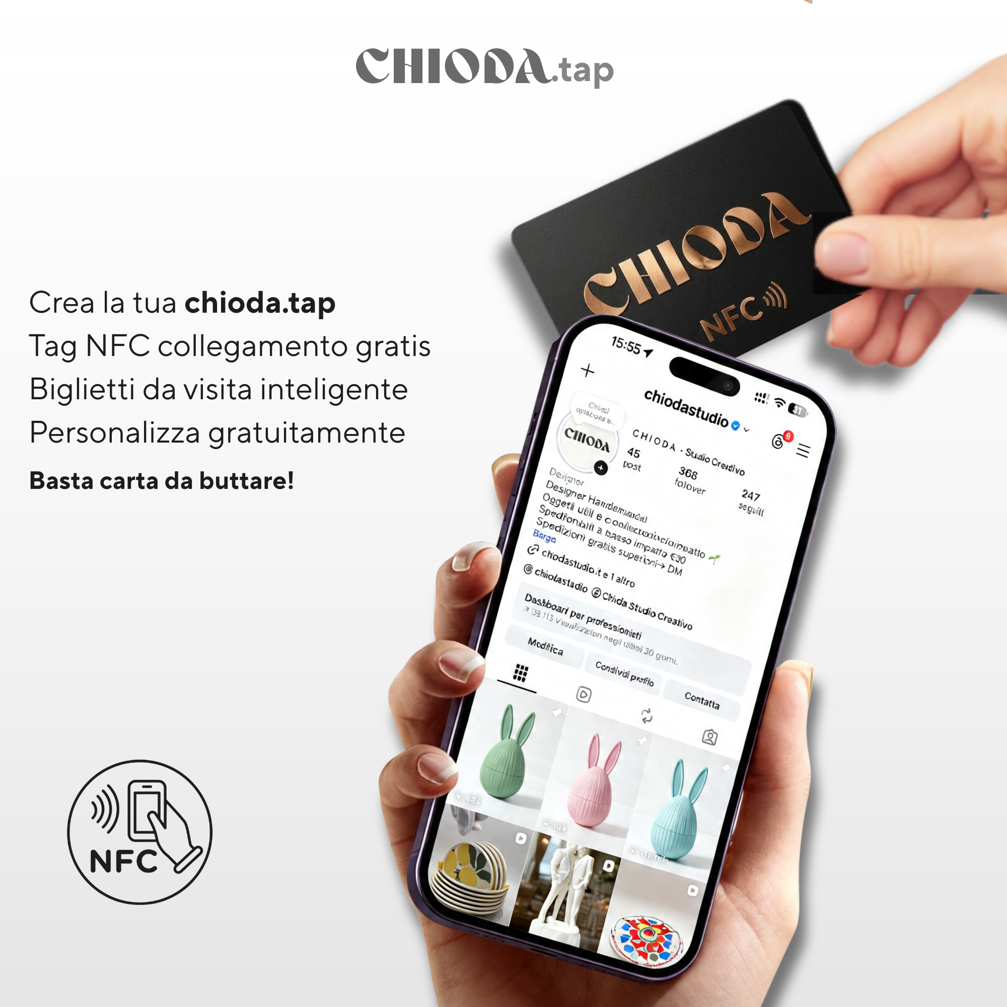 CHIODA.TAP: 1 Tessera da Visita NFC Personalizzato con Logo, Tessera Contactless Programmabile, Social & vCard, Design Moderno 100% Made in Italy