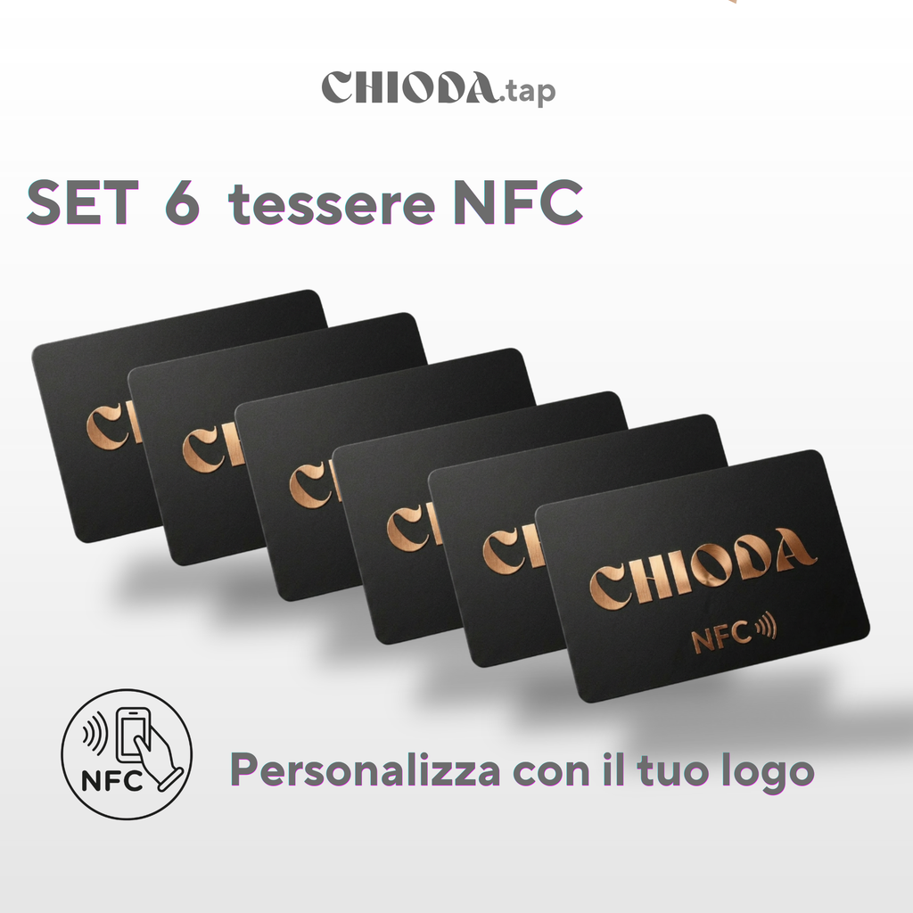 CHIODA.TAP:  Set 6/12 Tessere da Visita NFC Personalizzato con Logo, Tessera Contactless Programmabile, Social & vCard, Design Moderno 100% Made in Italy