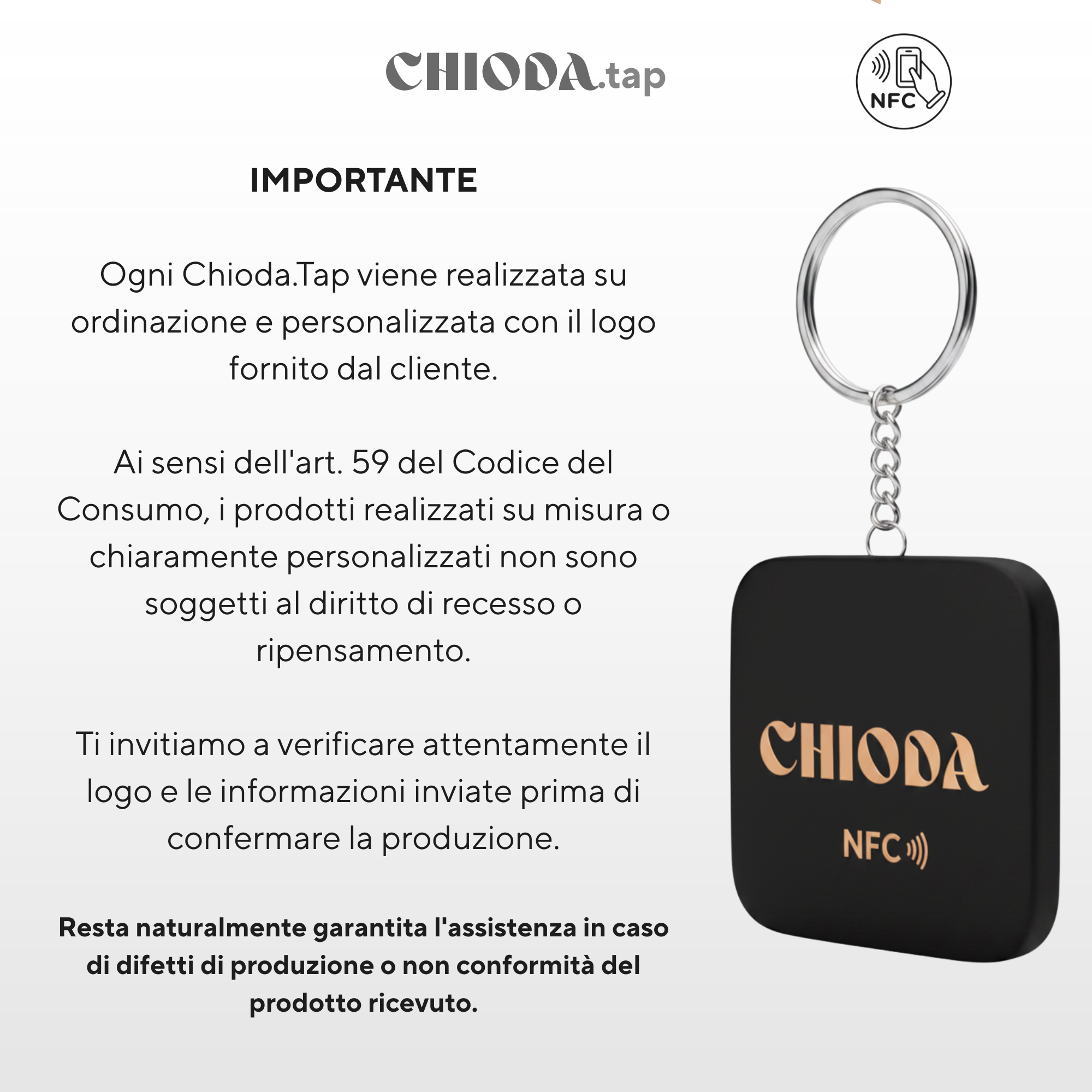 CHIODA.TAP: 1 portachiavi NFC Personalizzato con Logo, Portachiavi Contactless Programmabile, Social & vCard, Design Moderno 100% Made in Italy