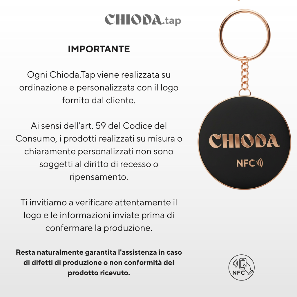 CHIODA.TAP: 1 portachiavi NFC Personalizzato con Logo, Portachiavi Contactless Programmabile, Social & vCard, Design Moderno 100% Made in Italy