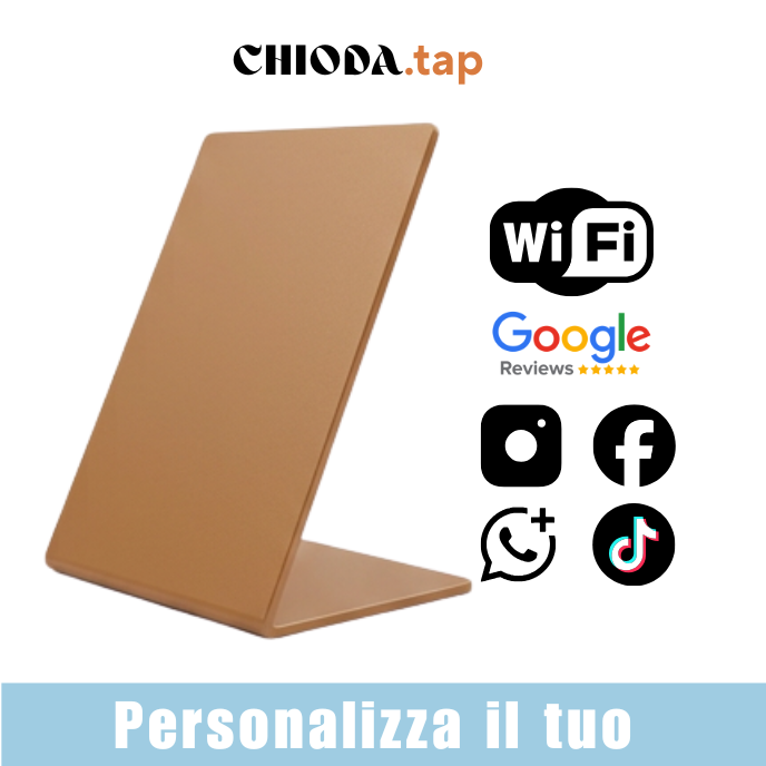 Chioda.TAP–Targhetta NFC Personalizzabile per Recensioni Google, wifi e Link Aziendali | Stand da Banco Professionale 15×10×6,5cm | Compatibile iOS/Android
