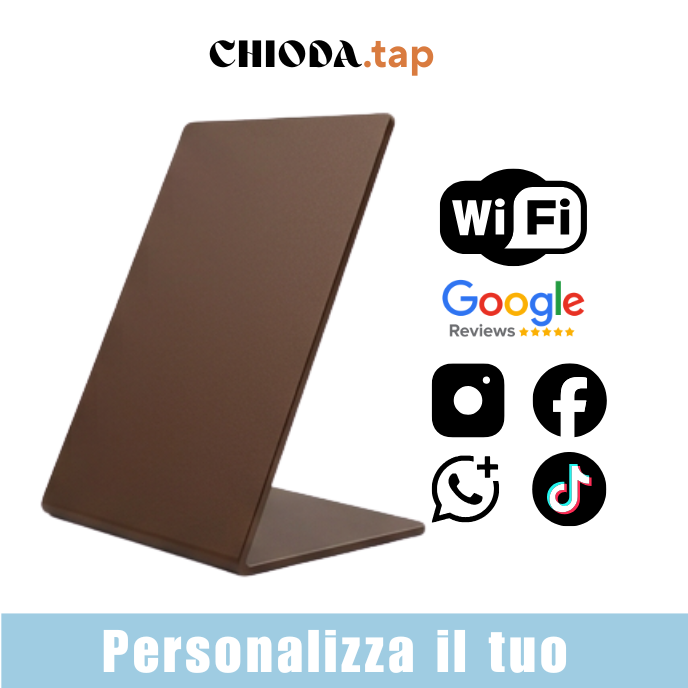 Chioda.TAP–Targhetta NFC Personalizzabile per Recensioni Google, wifi e Link Aziendali | Stand da Banco Professionale 15×10×6,5cm | Compatibile iOS/Android