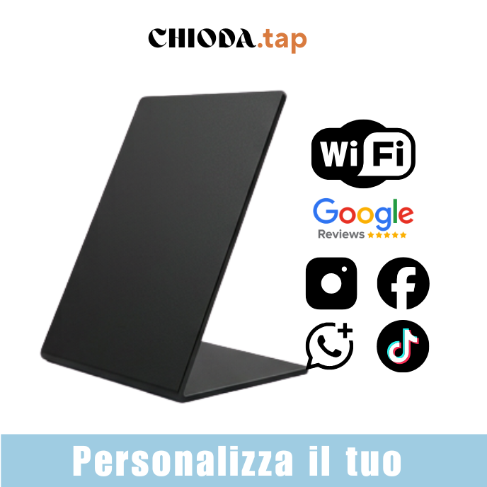 Chioda.TAP–Targhetta NFC Personalizzabile per Recensioni Google, wifi e Link Aziendali | Stand da Banco Professionale 15×10×6,5cm | Compatibile iOS/Android
