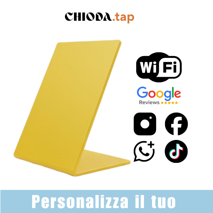 Chioda.TAP–Targhetta NFC Personalizzabile per Recensioni Google, wifi e Link Aziendali | Stand da Banco Professionale 15×10×6,5cm | Compatibile iOS/Android