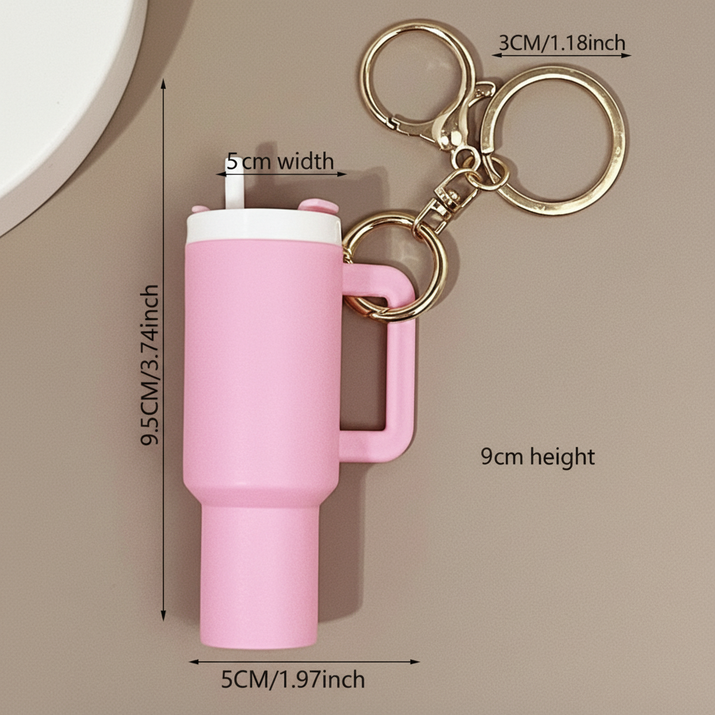 Portachiavi Mini Stanley Cup, in stile borraccia, design compatto 9×5 cm — perfetto per rossetti e burrocacao.