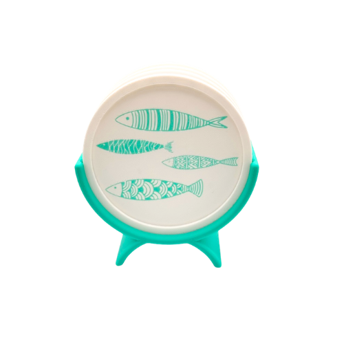 Set 4pz Sottobicchieri Ø10cm  + supporto elegante a tema pesciolini by Chioda – Made in Italy