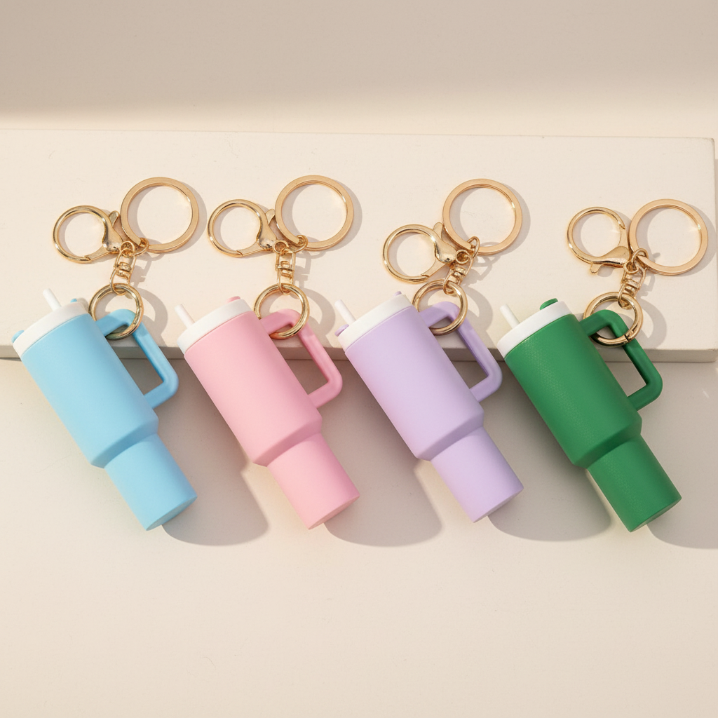 Portachiavi Mini Stanley Cup, in stile borraccia, design compatto 9×5 cm — perfetto per rossetti e burrocacao.